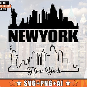 New York Skyline SVG mit extra Umriss Design | New York Skyline Silhouette Svg + Png + AI Dateien