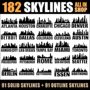 Pacote 182 Skylines SVG MEGA | Arquivos 91 Solid Skylines e 91 Outline Skylines Svg + Png + AI | Compatível com Cricut | Pacote Tudo na Loja
