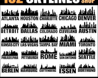 182 Skylines SVG Bundle | 91 Solid Skylines und 91 Outline Skylines SVG + Png + AI-Dateien | Kompatibel mit Cricut | Alles im Shop Bundle