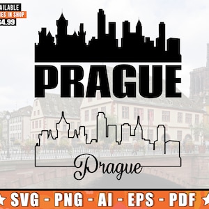 May include: Black and white silhouette of the Prague skyline with the word "PRAGUE" in bold, black letters. The skyline is set against a blurred background of a city street with buildings and a bridge. The text "SVG - PNG - AI - EPS - PDF" is at the bottom of the image.