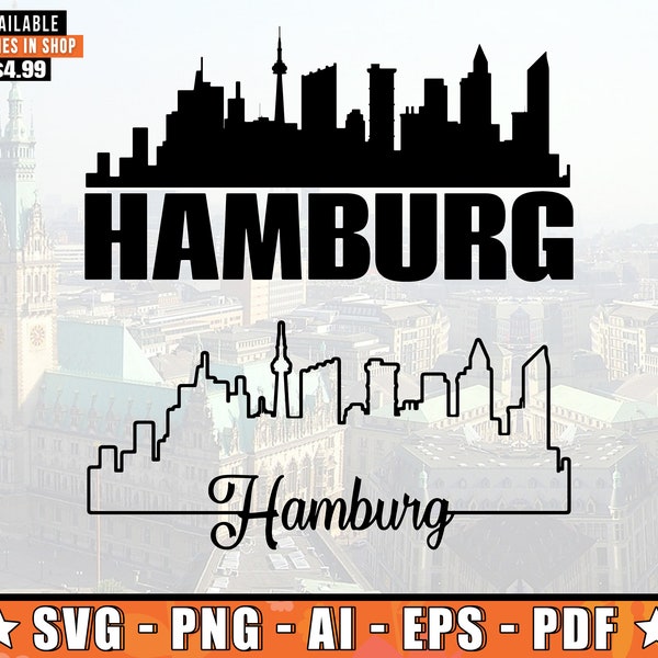 Hamburg Skyline SVG mit extra Umriss Design | Hamburg Germany Horizont Silhouette Svg + Png + AI + Pdf + Eps Dateien