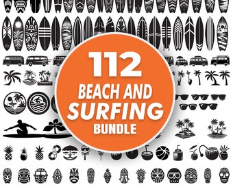 May include: A collection of 112 black and white vector illustrations of beach and surfing themed icons. The icons include surfboards, palm trees, pineapples, sunglasses, tiki masks, and more.