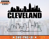 Cleveland Skyline SVG mit zusätzlichem Umriss Design | Cleveland Ohio Skyline Silhouette Svg + Png + AI Dateien