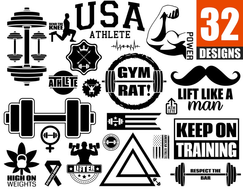 May include: A collection of 32 black and white graphic designs featuring motivational fitness quotes, gym equipment, and American flag imagery. The text includes phrases like "Bend the Knee", "USA Athlete", "Gym Rat", "Lift Like a Man", "Keep on Training", and "Respect the Bar".