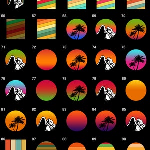 May include: A set of 90 digital illustrations featuring retro-style designs. The illustrations include mountains, palm trees, and sunset gradients in various color combinations. The illustrations are arranged in a grid format, numbered from 61 to 90.