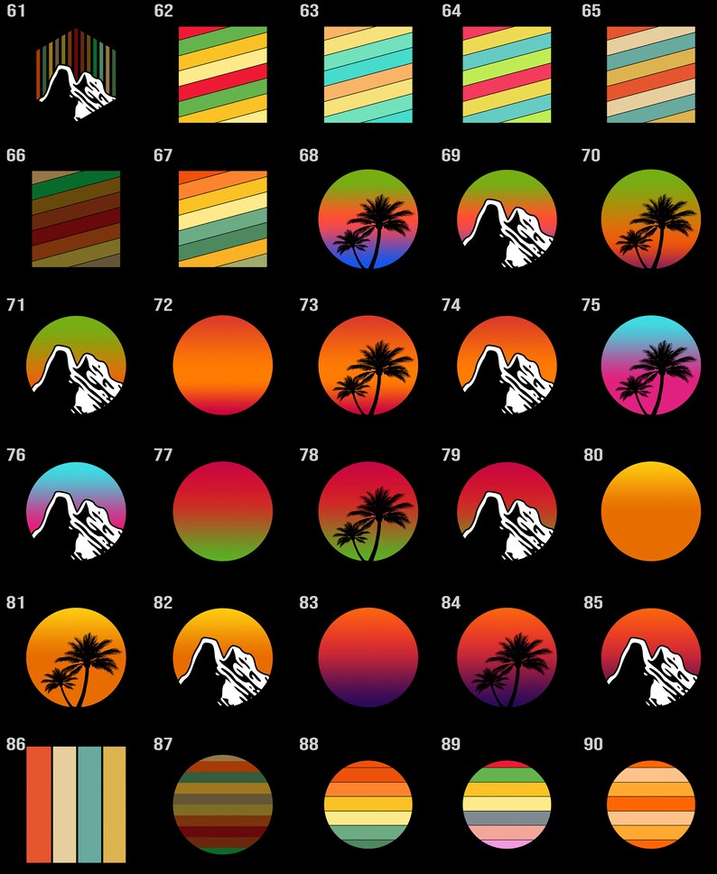 May include: A set of 90 digital illustrations featuring retro-style designs. The illustrations include mountains, palm trees, and sunset gradients in various color combinations. The illustrations are arranged in a grid format, numbered from 61 to 90.