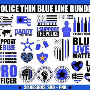 Polisens tunna blå linjepaket med 50 SVG-designer och en nödställd blå linjeflagga för polismännens familj och stöd för den stödjande rörelsen för blå märket