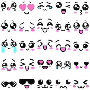 Kawaii Faces SVG-bundel, 25 schattige kawaii gezichtsuitdrukkingen SVG voor Cricut, kawaii gezichtsstickers, schattige gezichten SVG-clipart