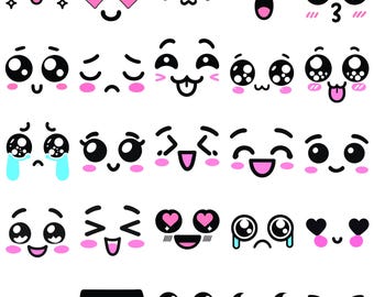 Paquete SVG de caras kawaii, 25 lindas expresiones faciales kawaii SVG para Cricut, calcomanías de caras kawaii, imágenes prediseñadas SVG de caras lindas