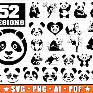 Panda SVG-bundel 52 ontwerpen | Grappige schattige Panda dierlijke digitale bestanden voor de Cricut en Easy Cut Prints | Panda silhouet bundel PNG-ontwerpen