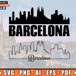 Barcelona Skyline SVG con diseño de contorno extra / Barcelona España Horizonte Silhouette Svg + Png + AI + Pdf + Eps Files