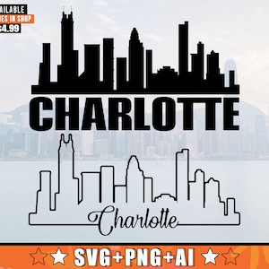 Charlotte SVG North Carolina Skyline avec un design supplémentaire | Charlotte Skyline Silhouette Svg + Png + Fichiers AI