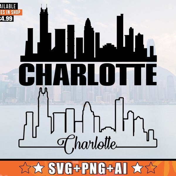 Charlotte SVG North Carolina Skyline With Extra Outline Design | Charlotte Skyline Silhouette Svg + Png + AI Files