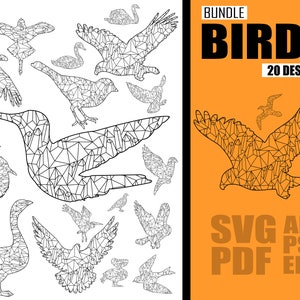 May include: A set of 20 geometric bird illustrations in black and white. The birds are in a variety of poses, including flying, perched, and swimming. The illustrations are in a low-poly style, giving them a modern and abstract look. The text "BUNDLE BIRDS 20 DESIGNS" is in the upper right corner of the image. The text "SVG AI PSD PDF EPS" is in the lower right corner of the image.