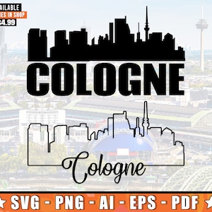 Puede incluir: Silueta en blanco y negro del horizonte de Colonia con la palabra "COLOGNE" en letras negritas debajo. El horizonte incluye la Catedral de Colonia y otros edificios notables. El texto "Cologne" está escrito en cursiva debajo del horizonte. El texto "SVG - PNG - AI - EPS - PDF" está en la parte inferior de la imagen.