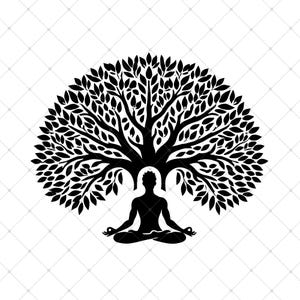 May include: Black silhouette of a person sitting in a lotus position with legs crossed, meditating under a large tree with many branches and leaves.
