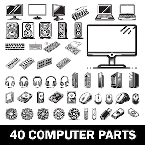 Könnte beinhalten: Schwarz-Weiß-Illustration von 40 Computerteilen, darunter Monitore, Tastaturen, Lautsprecher, RAM, Kopfhörer, Festplatten, Mäuse, Lüfter und USB-Sticks. Der Text "40 COMPUTER PARTS" befindet sich unten.