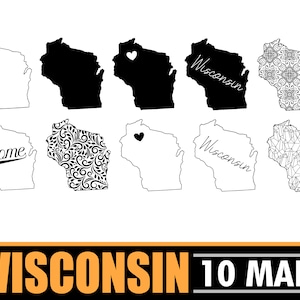 Carte d'état du Wisconsin SVG | Carte Bundle Easy Cut fichier numérique | Carte des mandalas du Wisconsin | Silhouette de maison du Wisconsin | Ensemble de carte numérique SVG