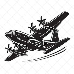 Puede incluir: Una silueta en blanco y negro de un avión de transporte militar en vuelo. El avión tiene cuatro hélices y vuela con las alas inclinadas hacia arriba.