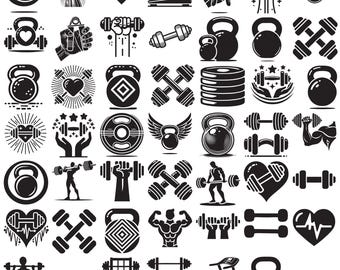 May include: A collection of 64 black and white vector illustrations of fitness and gym equipment, including dumbbells, kettlebells, barbells, weight plates, treadmills, and other gym equipment.