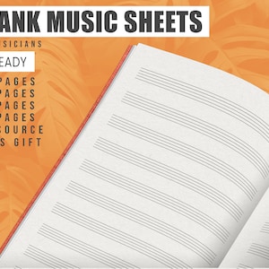 May include: A close-up of a blank music sheet book with a red spine. The book is open to reveal the lined pages. The text on the cover reads "BLANK MUSIC SHEETS FOR MUSICIANS KDP READY 50 PAGES 100 PAGES 120 PAGES 150 PAGES PSD SOURCE BONUS GIFT".