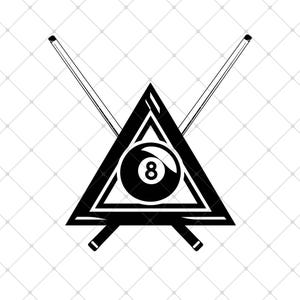 Könnte beinhalten: Schwarzweiß-Illustration eines Billard-Dreiecks mit einer Billardkugel darin und zwei gekreuzten Billardqueues.