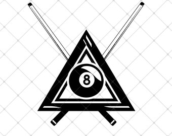 Può includere: Illustrazione in bianco e nero di un triangolo da biliardo con una palla da biliardo all'interno e due stecche da biliardo incrociate.