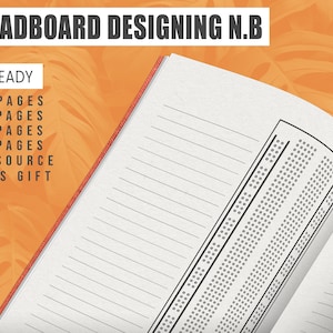 May include: A white notebook with a black breadboard diagram on the right page. The left page has lined paper. The cover of the notebook is red. The text "BREADBOARD DESIGNING N.B" is at the top of the cover. The text "KDP READY" is below the title. The text "50 PAGES", "100 PAGES", "120 PAGES", "150 PAGES", "PSD SOURCE", and "BONUS GIFT" is listed below the text "KDP READY".