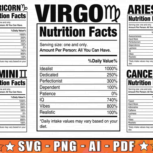 Zodiac Signs Nutrition Facts Sarcastic Horoscopes SVG Bundle | Astrology Cricut SVG Digital Cut Bundle Fit Zodiac Silhouette Vector Easy Cut