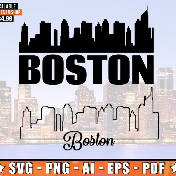 Boston Skyline SVG With Extra Outline Design | Boston Massachusetts Skyline Silhouette SVG + Png + Ai + Eps + PDF Files