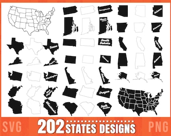 Puede incluir: Un conjunto de 50 archivos SVG y PNG de mapas de estados en blanco y negro. Los estados están etiquetados con sus nombres. La imagen incluye un mapa de los Estados Unidos.