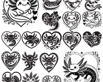 Axolotl Silhouette SVG Bundle , 25 Artistic Axolotl SVG For Cricut , Lovely Axolotls , Axolotl Hearts, Printable Family Axolotl Art