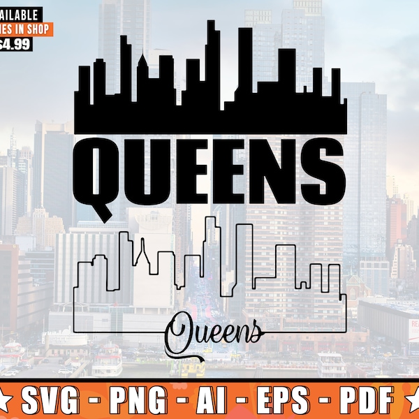 Queens Skyline SVG With Extra Outline Design | Queens New York Skyline Silhouette SVG + Png + Ai + Eps + PDF Files