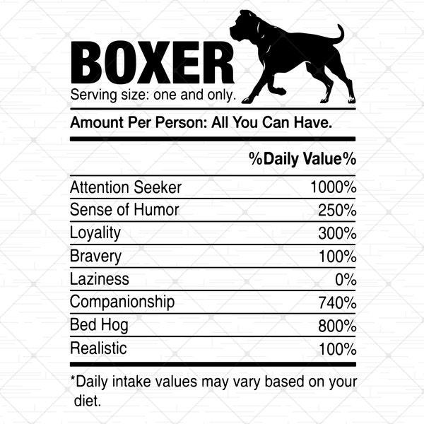 Boxer Dog Nutrition Facts SVG | Funny Boxer Breeders Digital Files | Easy Cricut Cut Prints | Sarcastic Dog Breeds SVG Bundle