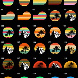 May include: Set of 20 retro-style circular designs featuring palm trees, mountains, and sunset stripes in various color combinations. The designs are perfect for use as logos, icons, or patterns.