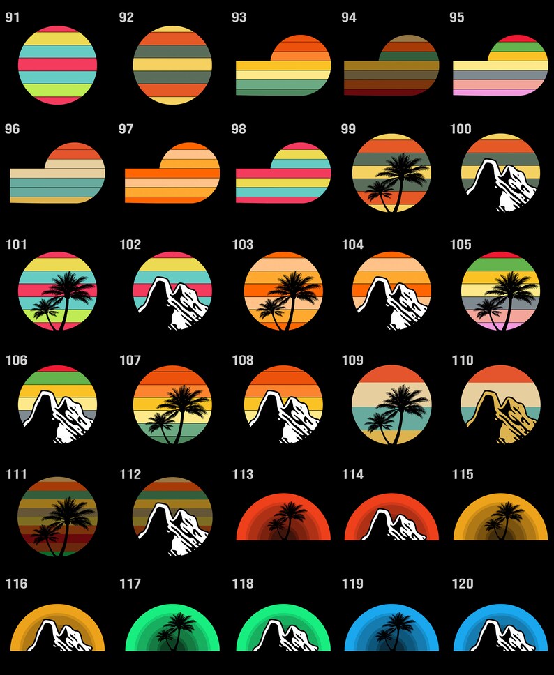 May include: Set of 20 retro-style circular designs featuring palm trees, mountains, and sunset stripes in various color combinations. The designs are perfect for use as logos, icons, or patterns.
