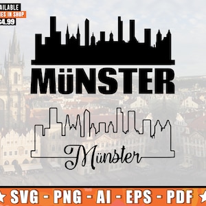 Könnte beinhalten: Schwarz-weiße Silhouette der Münster Skyline mit dem Text "MÜNSTER" und "Münster" in einer stilisierten Schrift. Das Bild ist vor einem verschwommenen Hintergrund einer Stadt platziert.