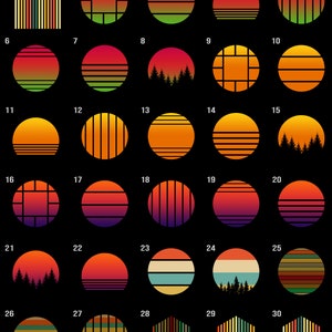 May include: A set of 30 retro-style sunburst designs in various colors and patterns. The designs include stripes, squares, and silhouettes of trees. The designs are perfect for use in crafts, scrapbooking, and other creative projects.