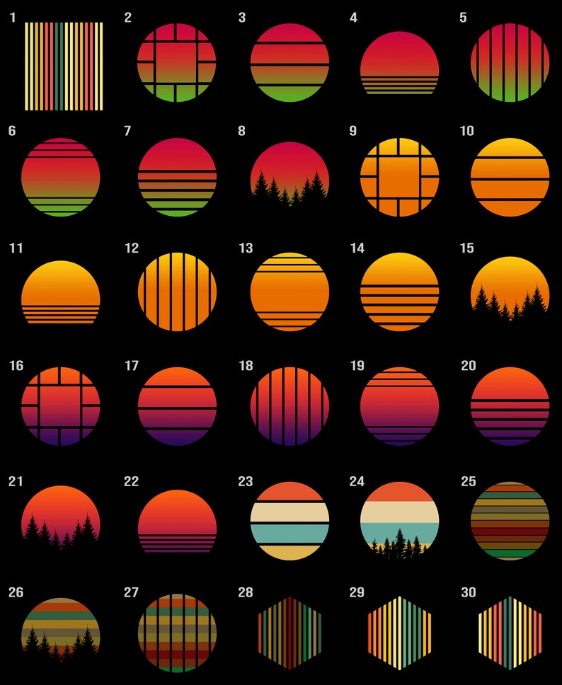 May include: A set of 30 retro-style sunburst designs in various colors and patterns. The designs include stripes, squares, and silhouettes of trees. The designs are perfect for use in crafts, scrapbooking, and other creative projects.