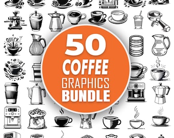 May include: A collection of 50 black and white coffee graphics, including coffee cups, coffee makers, coffee beans, and other coffee-related illustrations. The graphics are arranged in a circle around the text "50 Coffee Graphics Bundle".
