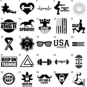 May include: A black and white graphic design sheet with 32 different fitness and workout themed images. The images include dumbbells, barbells, kettlebells, a horse, a person doing a squat, a person doing a lunge, and a person doing a bicep curl. The images are arranged in a grid pattern.