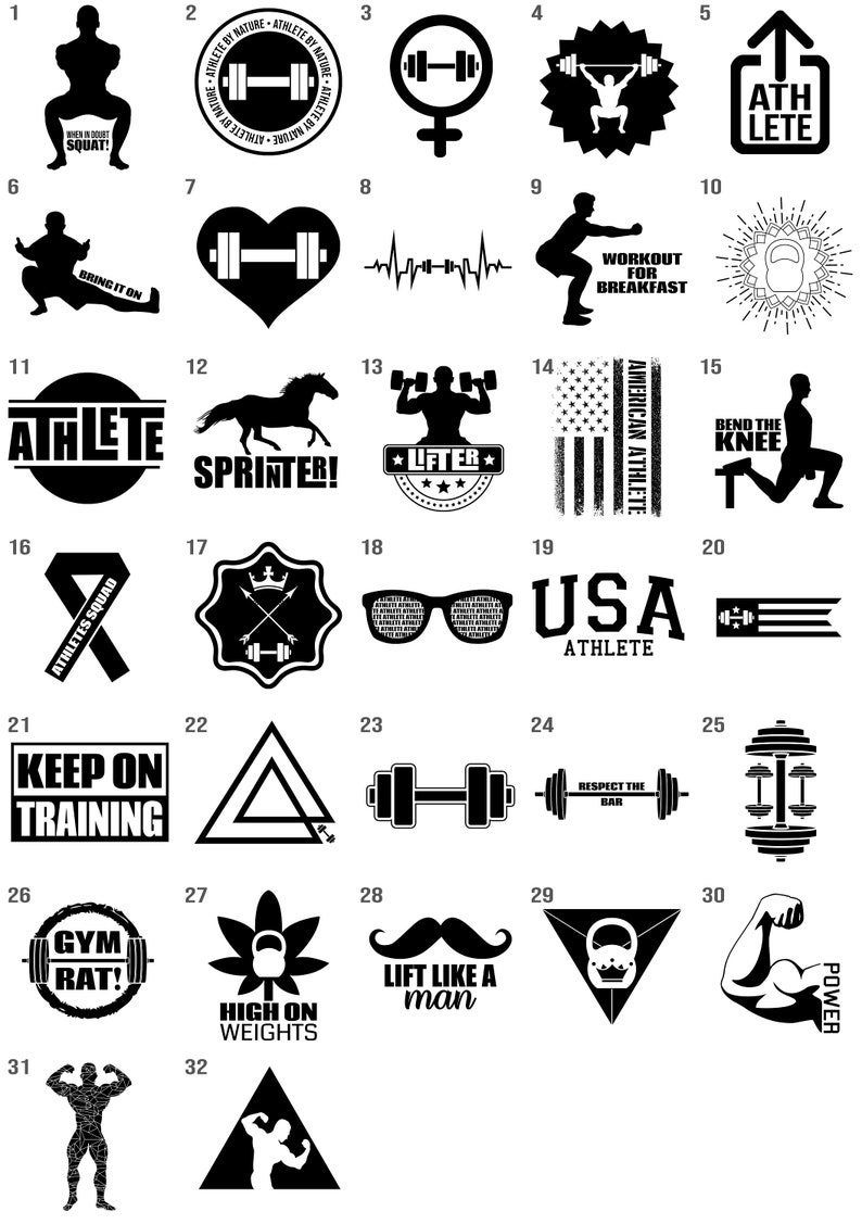 May include: A black and white graphic design sheet with 32 different fitness and workout themed images. The images include dumbbells, barbells, kettlebells, a horse, a person doing a squat, a person doing a lunge, and a person doing a bicep curl. The images are arranged in a grid pattern.