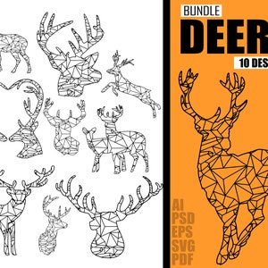 Könnte beinhalten: Ein Bündel von 10 geometrischen Hirsch-Designs in Schwarzweiß. Die Designs sind in verschiedenen Posen, darunter stehend, laufend und nach oben blickend. Der Text "BUNDLE DEERS 10 DESIGNS" ist in schwarzer Schrift auf orangefarbenem Hintergrund. Der Text "AI PSD EPS SVG PDF" ist in schwarzer Schrift auf weißem Hintergrund.