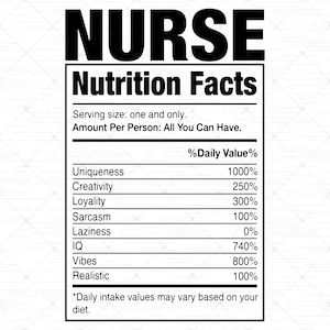 Valeurs nutritives des infirmières SVG | Sarcastique Nursing Nutrition Facts SVG | Valeurs nutritives des travailleurs médicaux Fichier numérique Cricut | Drôles d’infirmières SVG