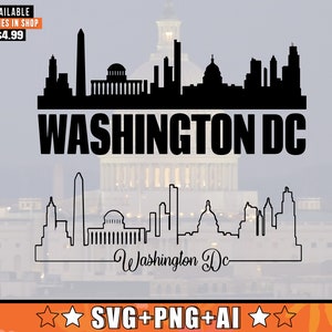 Skyline de Washington SVG com design de contorno extra | Washington DC Estados Unidos Skyline Silhouette Svg + Png + AI Arquivos