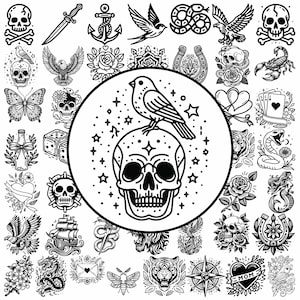 Paquete SVG de tatuajes tradicionales / Paquete de 50 diseños de tatuajes limpios / Compatible con Cricut / Tatuaje de contorno de calaveras Svg / Tatuaje de pájaros y rosas Svg