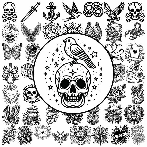 Traditional Tattoos SVG Bundle | 50 Clean Tattoo Art Bundle | Cricut Compatible | Skulls Outline Tattoo Svg | Birds And Roses Tattoo Svg