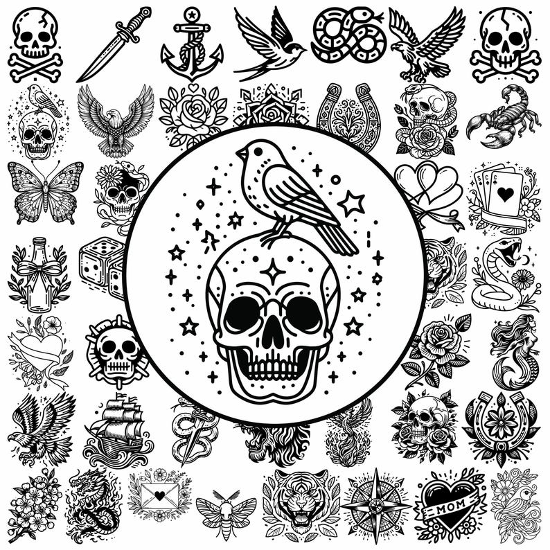 May include: A black and white illustration of a skull with a bird perched on top. The skull has a detailed design with crossbones and stars. The bird is facing to the right and has a long tail.