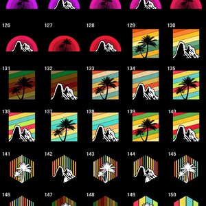 May include: A set of 15 digital illustrations featuring a mountain and a palm tree in various color palettes and styles. The illustrations are in a retro style with a variety of color combinations, including red, orange, yellow, green, blue, and purple.