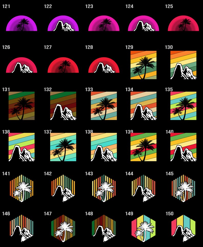 May include: A set of 15 digital illustrations featuring a mountain and a palm tree in various color palettes and styles. The illustrations are in a retro style with a variety of color combinations, including red, orange, yellow, green, blue, and purple.